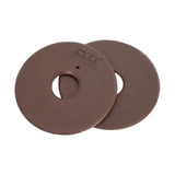 Brown circular rubber equestrian bit guards designed to protect horse’s mouth with embossed hy branding