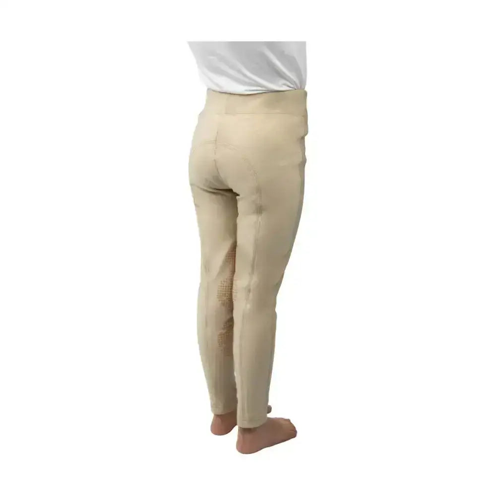 Beige hy equestrian blizzard children’s softshell riding tights with reinforced knee patches and fitted waistband