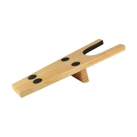 Light wood equestrian boot jack with black rubber grips and small triangular base for easy muddy boots removal