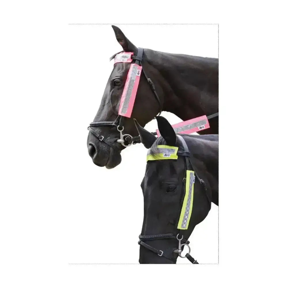 Black horse headgear with reflective pink and yellow strips in hy equestrian bridle set fits various sizes