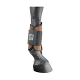 Gray hu brand equestrian brushing boots with black and tan accents designed for horse ankle protection