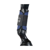Blue and black hy equestrian brushing boots with gray strap and hy logo designed for horse ankle protection