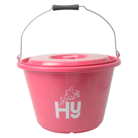 Pink hy equestrian bucket with lid wire handle and black spring grip branded bucket with horsey bits logo