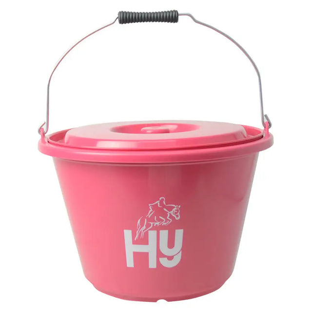Pink hy equestrian bucket with lid wire handle and black spring grip branded bucket with horsey bits logo