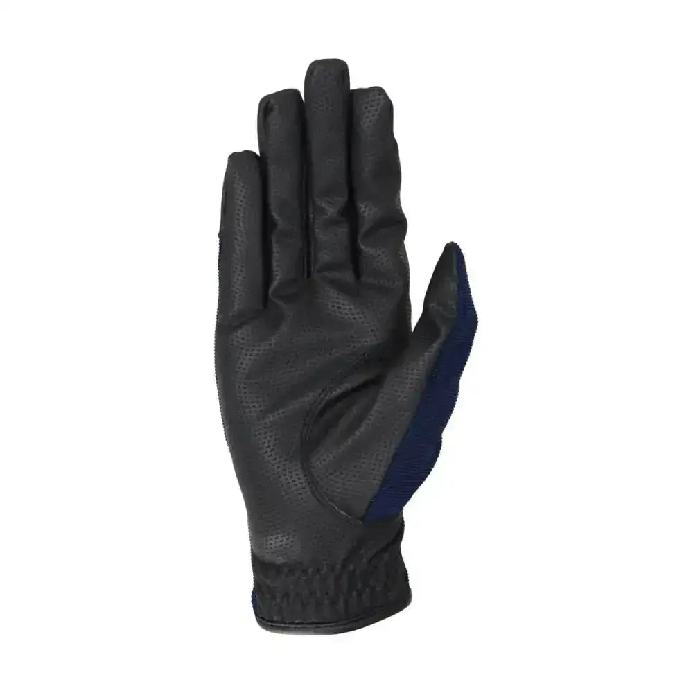 Black and navy blue equestrian burnham pro gloves with perforated leather and smart grip palm shown from back side