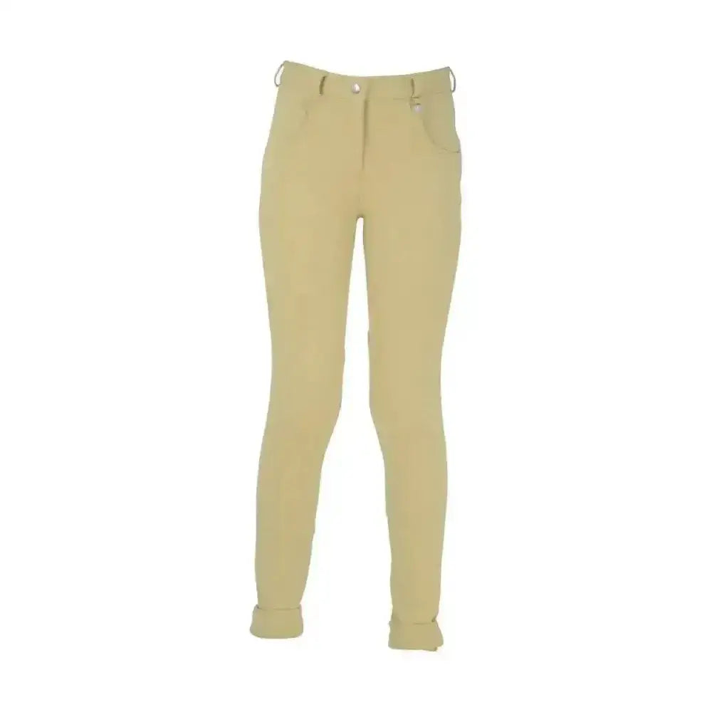 Khaki-colored burton childrens jodhpurs with smooth fabric and subtle stitching perfect for traditional hy equestrian riding