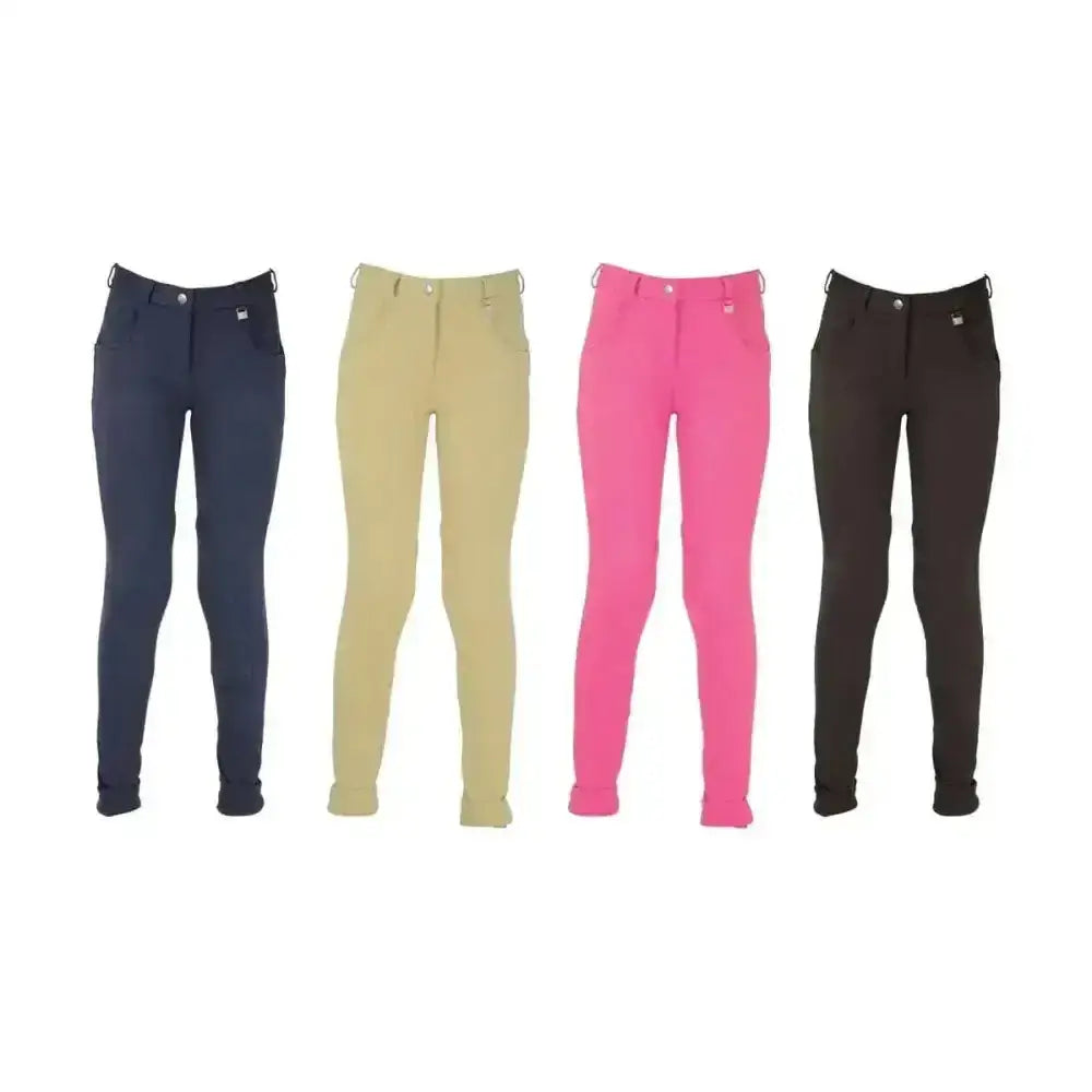 Four pairs of fitted equestrian burton childrens jodhpurs in navy beige bright pink and black from traditional hy equestrian