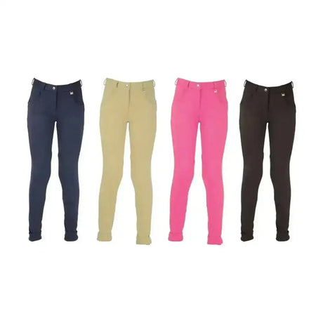 Four pairs of fitted equestrian burton childrens jodhpurs in navy beige bright pink and black from traditional hy equestrian