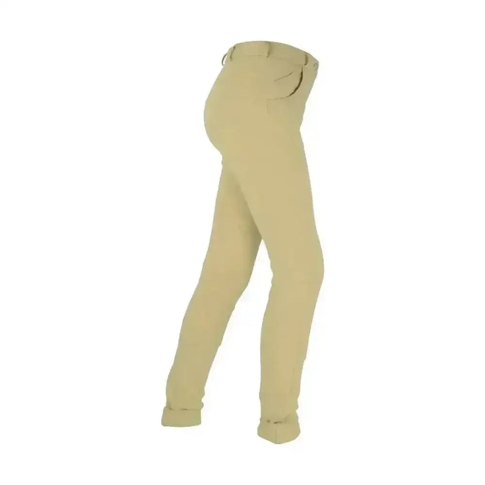 Khaki slim-fit burton childrens jodhpurs with classic belt loops and cuffed hems from traditional hy equestrian