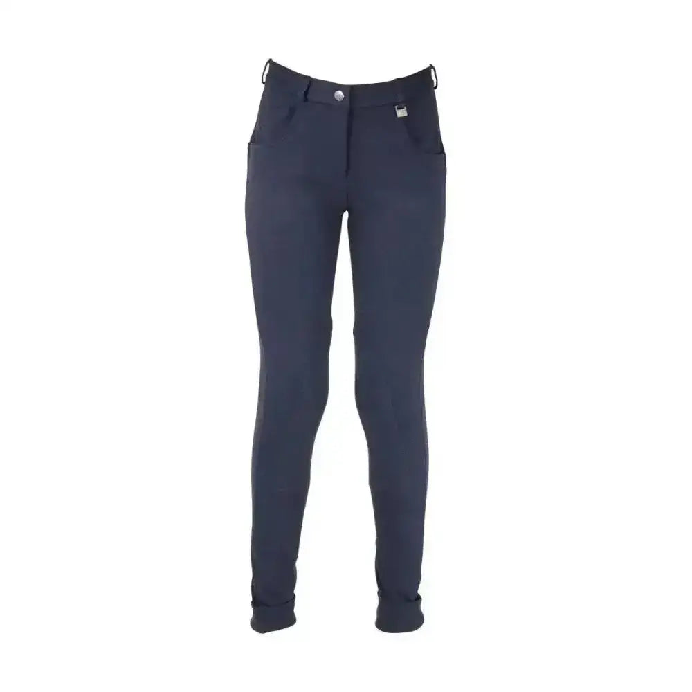 Navy blue fitted riding pants with sleek stitching details from hy equestrian burton childrens jodhpurs collection