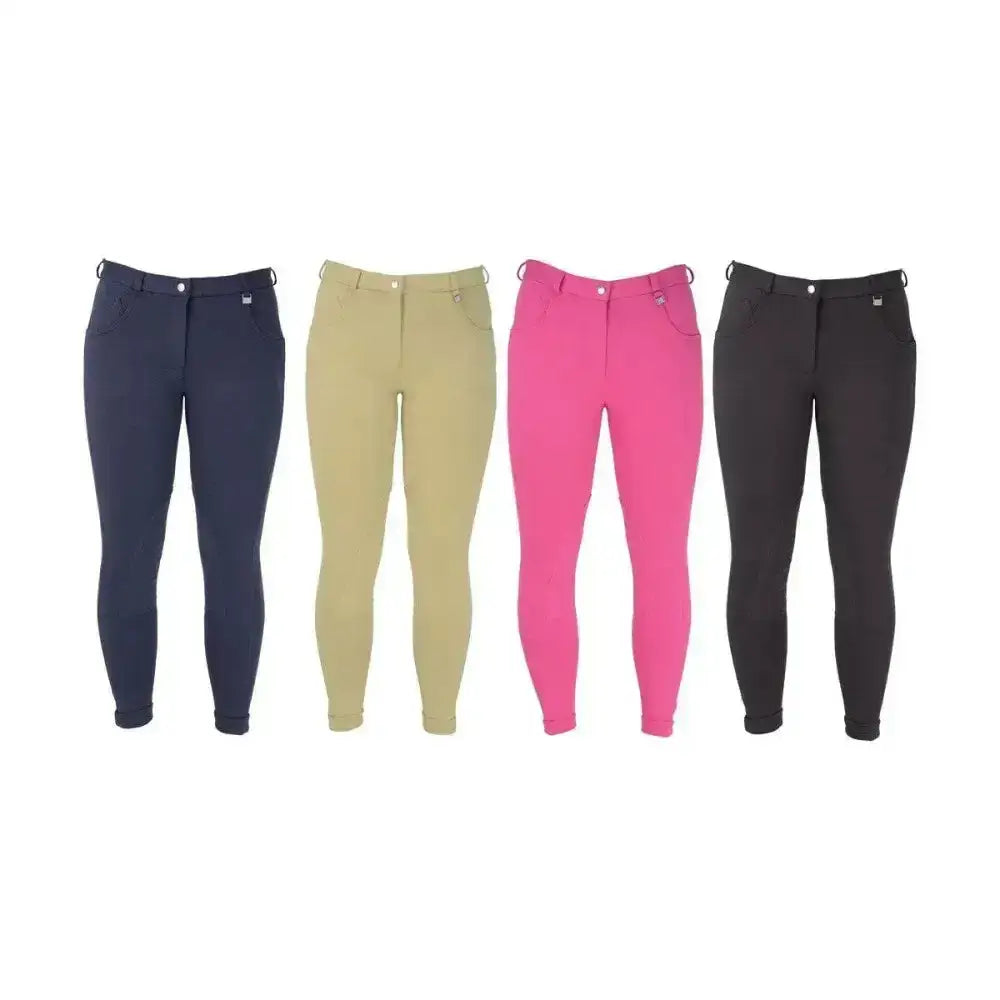 Four pairs of hy equestrian burton ladies jodhpurs in navy beige bright pink and black traditional jodhpur style pants