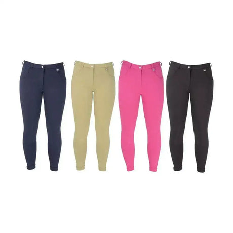 Four pairs of hy equestrian burton ladies jodhpurs in navy beige bright pink and black traditional jodhpur style pants