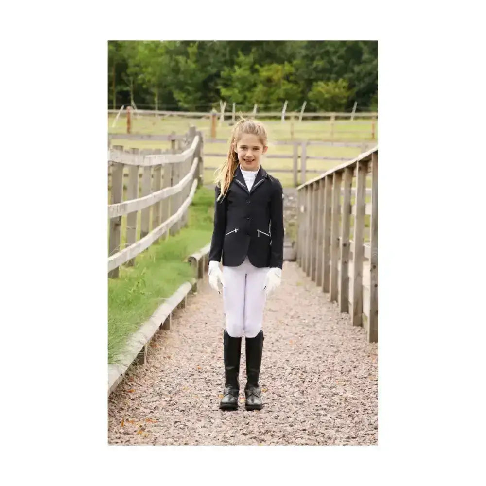 Black equestrian jacket with white trim and front pockets perfect for cadiz children’s riding gloves enthusiasts