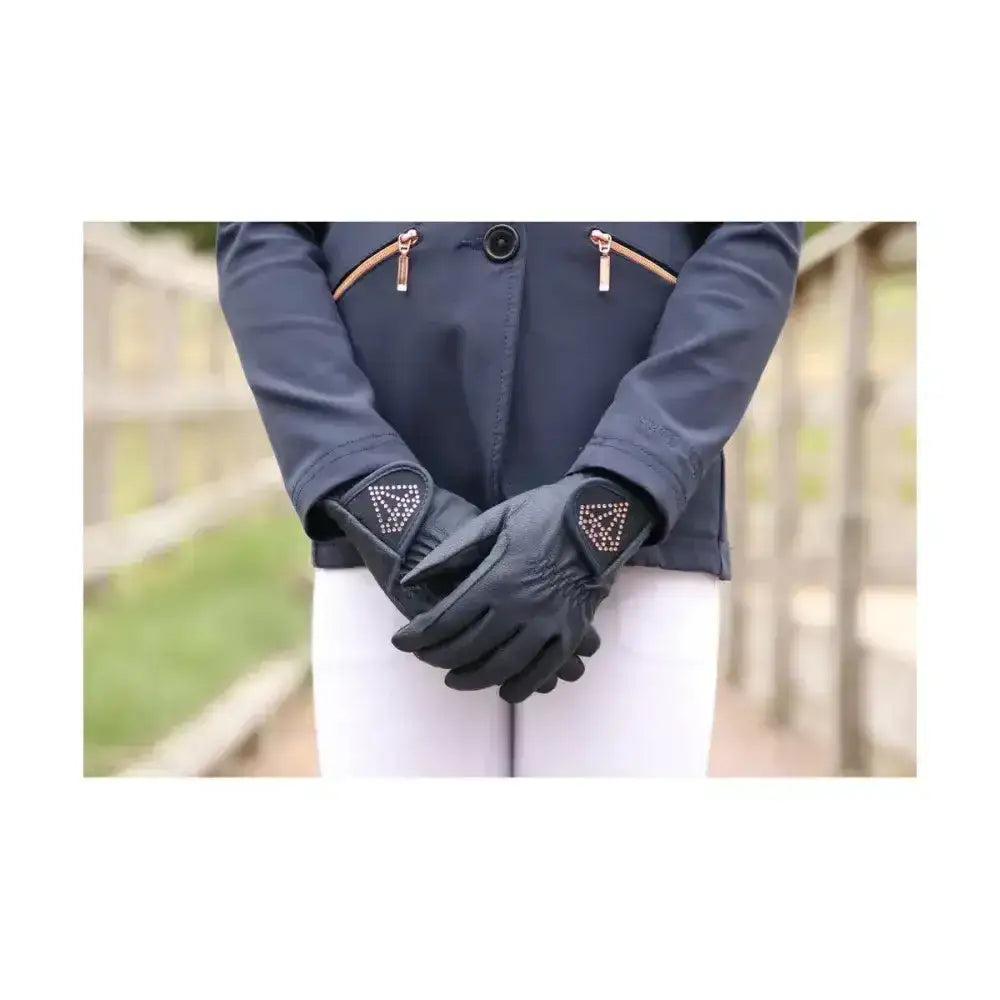 Black hy equestrian cadiz children’s riding gloves showing back with triangular sparkling rhinestone pattern