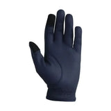 Navy blue touchscreen glove with black fingertips and sleek fit shown from back side in hy equestrian cadiz children’s riding gloves