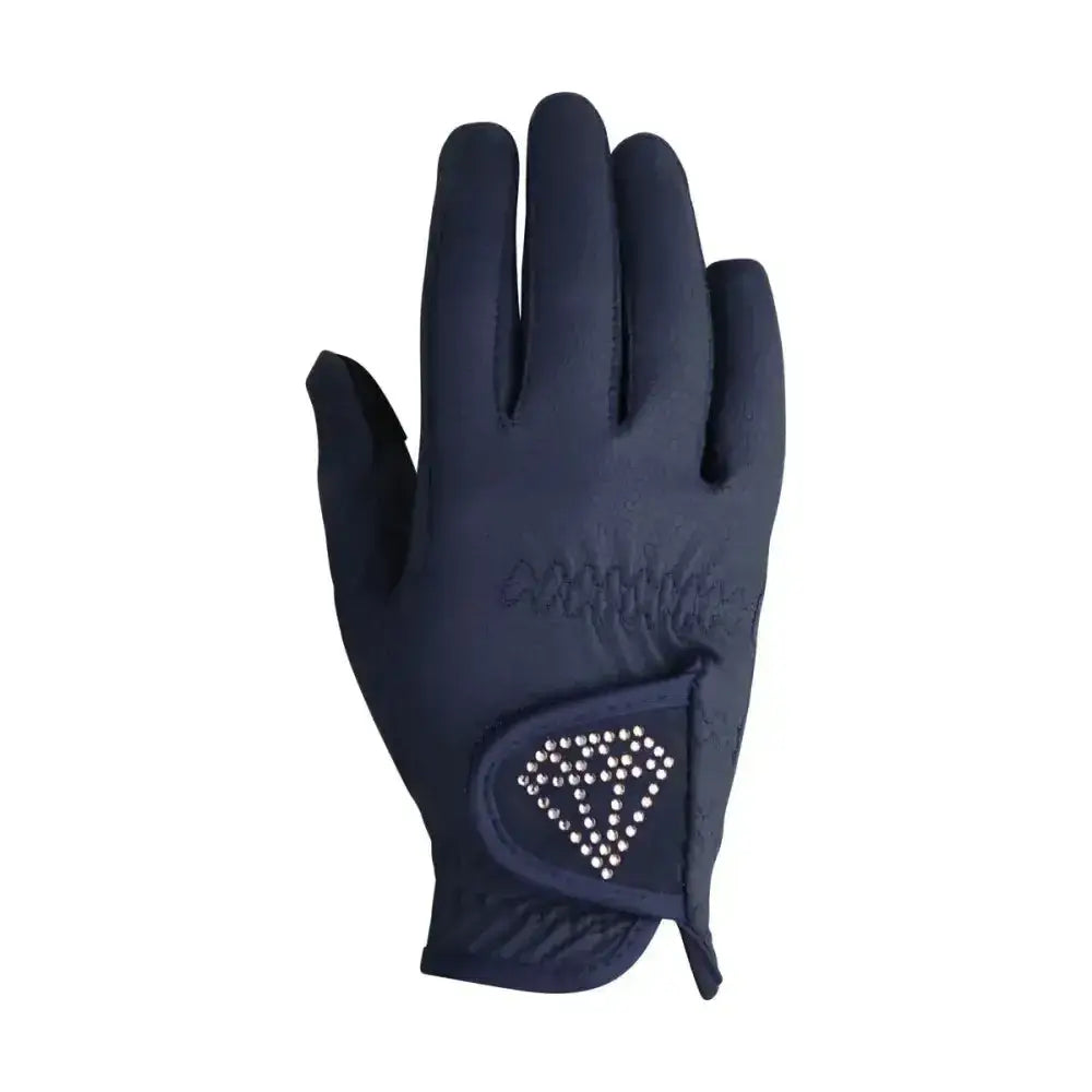 Navy blue hy equestrian cadiz children’s riding gloves showing back with diamond rhinestone on wrist strap