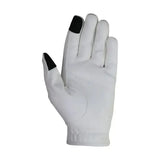 White touchscreen equestrian cadiz children’s riding gloves with black fingertips shown from back side