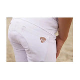Back view of white hy equestrian cadiz mizs competition breeches with sparkling rose gold diamond embellishment on pocket