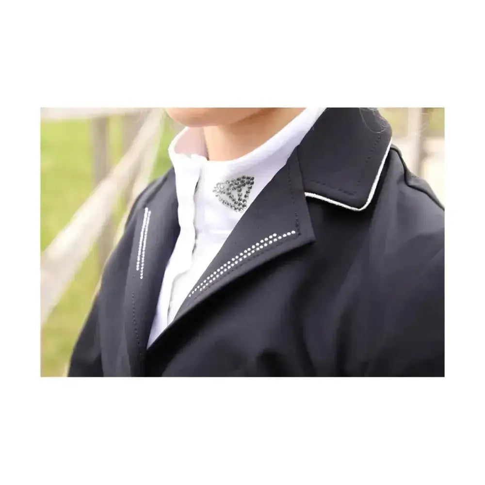 Black hy equestrian cadiz mizs show jacket with white trim and stunning glittering diamantes heart emblem on collar