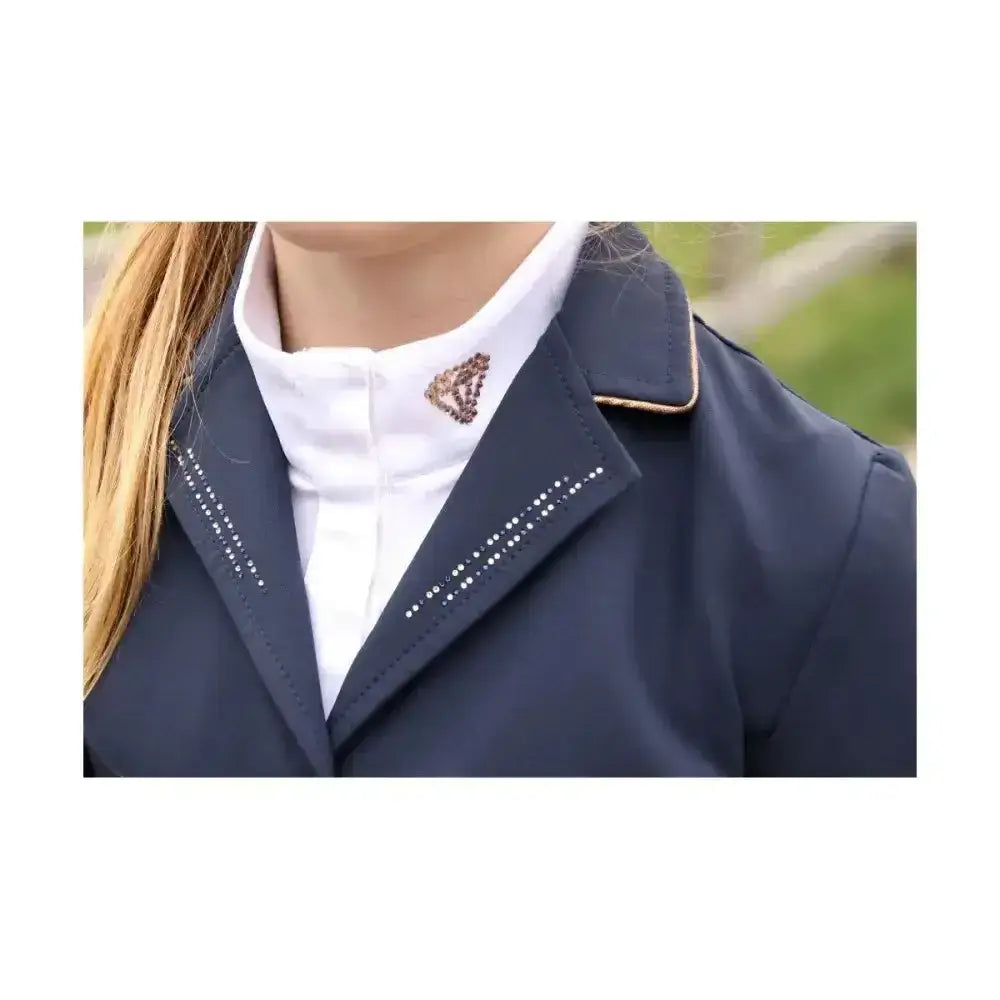 Navy blue hy equestrian cadiz mizs show jacket with gold trim and stunning glittering diamantes embellishments