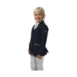 Navy blue hy equestrian cadiz mizs show jacket with gold zippers and glittering diamantes diamond logo on sleeve
