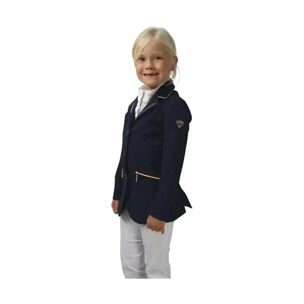 Navy blue hy equestrian cadiz mizs kids show jacket with gold zippers and glittering diamantes diamond logo on sleeve