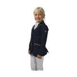 Navy blue hy equestrian cadiz mizs kids show jacket with gold zippers and glittering diamantes diamond logo on sleeve