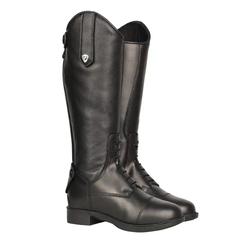 Black leather hy equestrian cascano riding boot with polished finish and classic lace up design for riding use