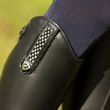 Black leather hy equestrian cascano riding boot with silver diamond patch and shield logo on the back side