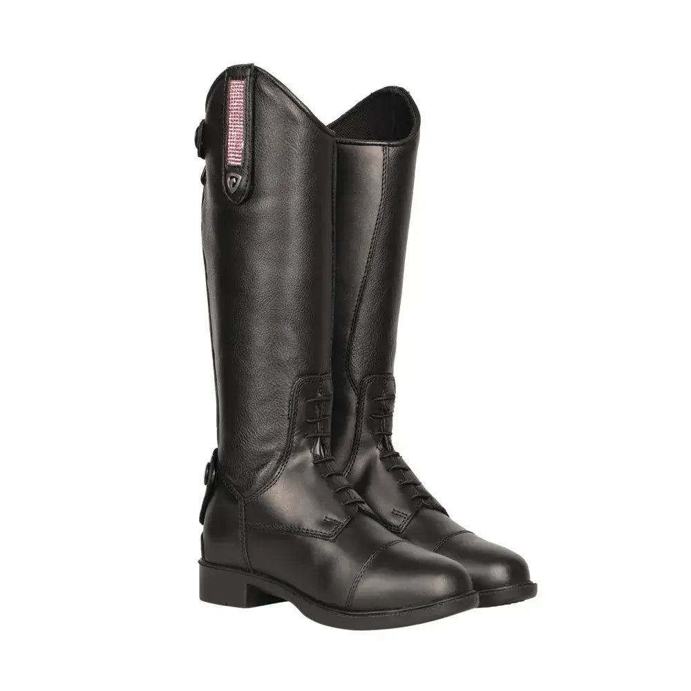 Black leather cascano riding boot with pink beaded accent on the side from hy equestrian collection