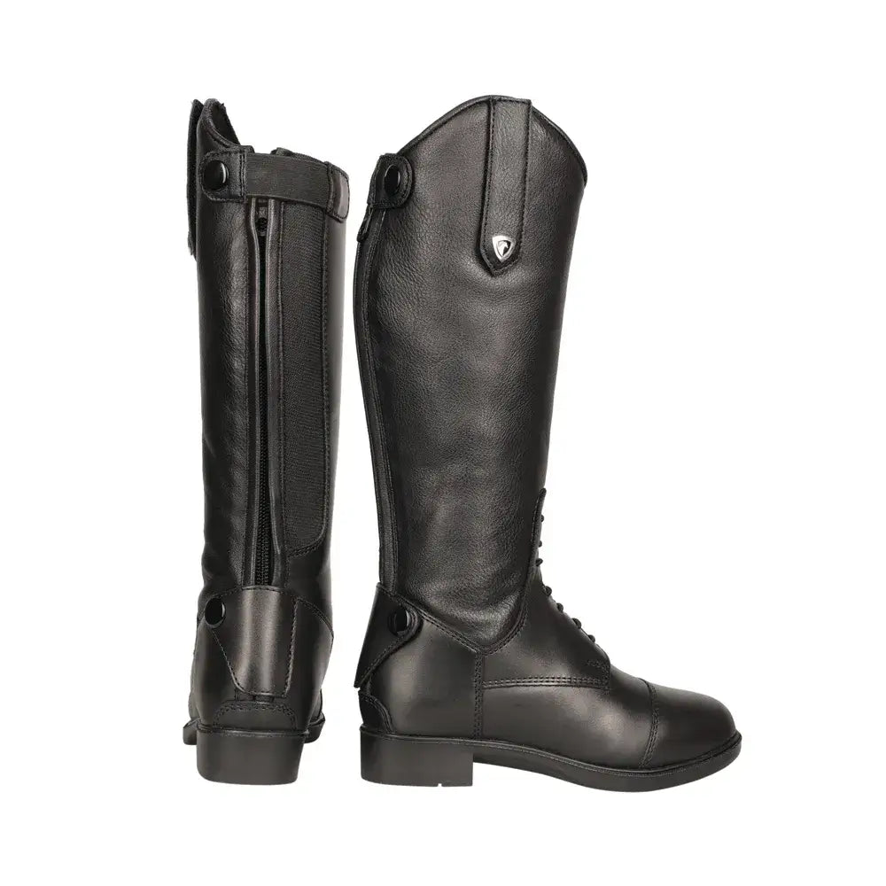 Black leather cascano riding boot with back zipper and front laces perfect for equestrian cascano style