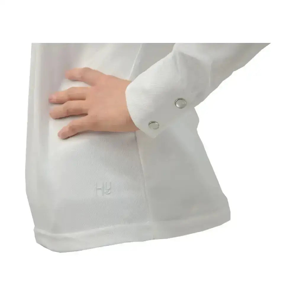White buttoned cuff with silver buttons and embroidered logo on equestrian charlotte long sleeved show shirt