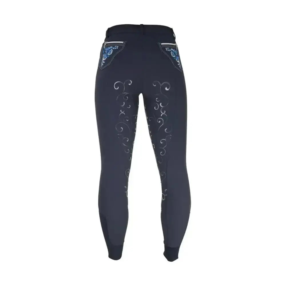 Back view of hy equestrian chester ladies navy breeches with silver swirl embroidery and blue floral pockets breeches dazzle
