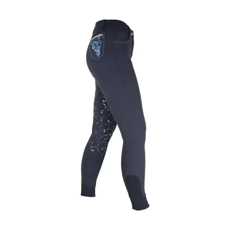 Back view of hy equestrian chester ladies navy breeches with intricate blue silver floral embroidery on pocket and thigh