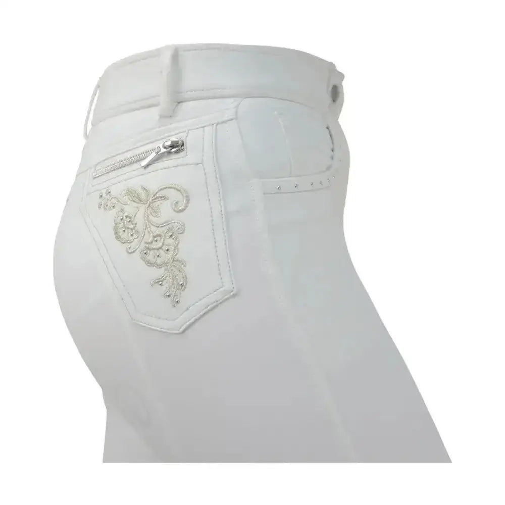 Back view of white denim equestrian chester ladies breeches with ornate silver embroidery on the pocket perfect for breeches dazzle