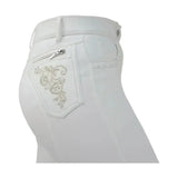 Back view of white denim equestrian chester ladies breeches with ornate silver embroidery on the pocket perfect for breeches dazzle