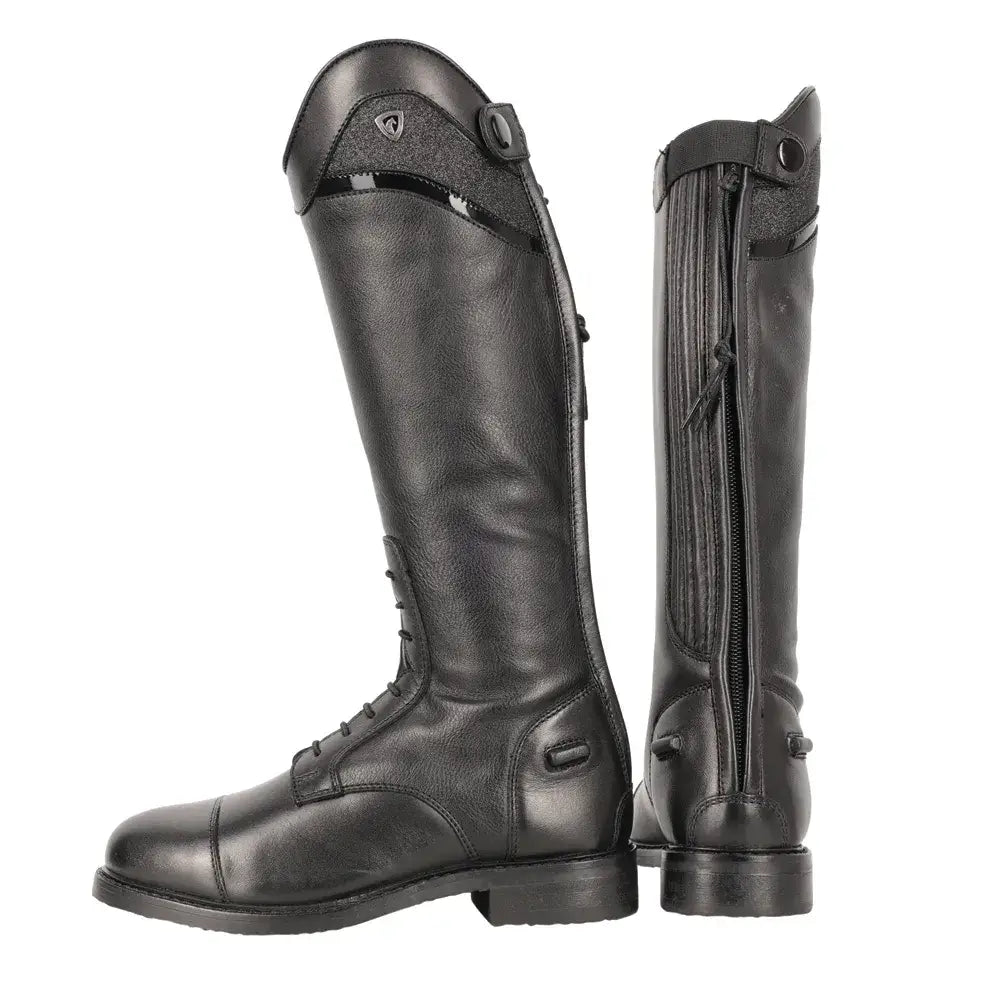 Black leather children’s equestrian atrani riding boot with glossy finish and side zipper for easy wear