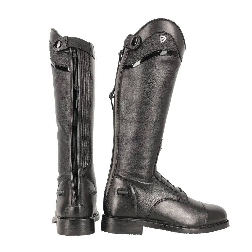 Black leather atrani riding boot with glossy finish and side zipper perfect for children’s equestrian use