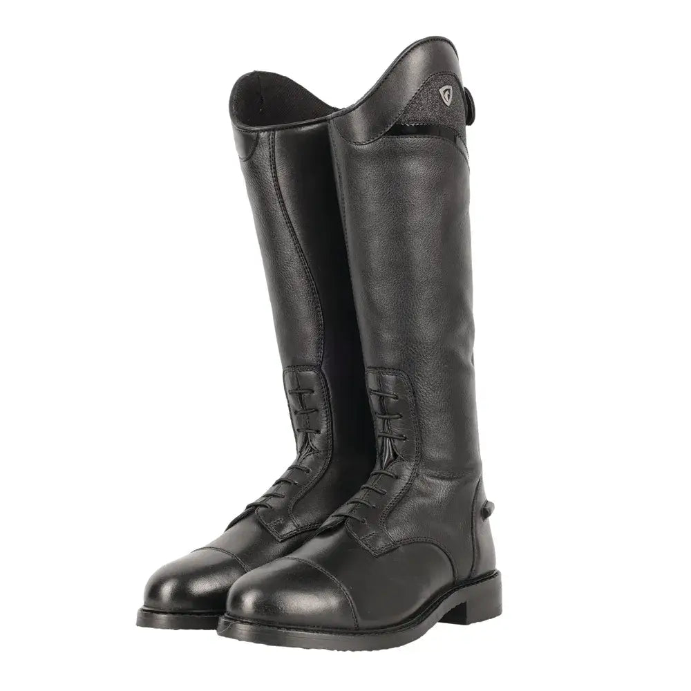 Black leather children’s equestrian atrani riding boot with sleek polished finish and classic lace-up design