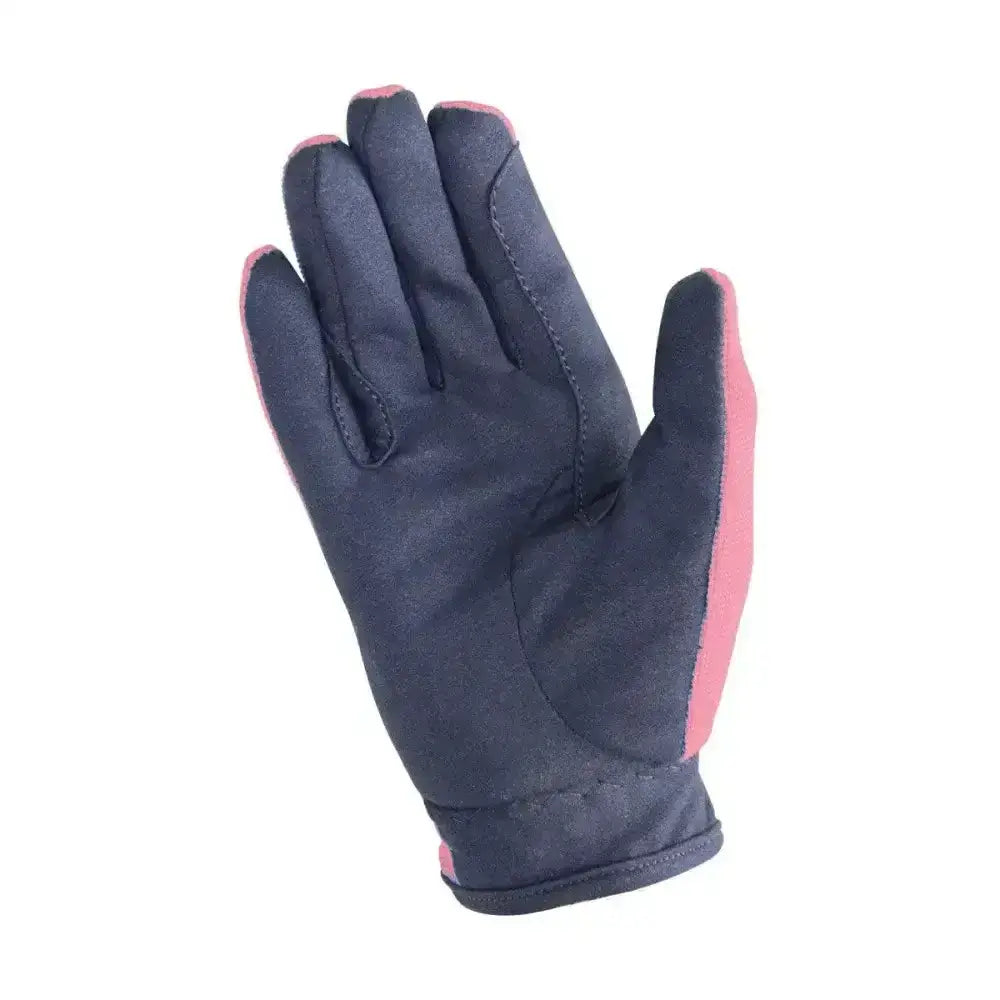 Dark blue and pink hy equestrian children’s every day two tone riding gloves with reinforced stitching and snug wrist cuff back view