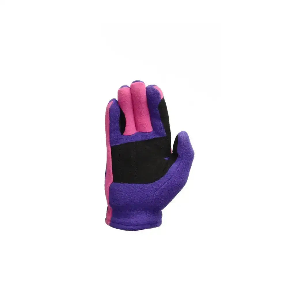 Purple and pink hy equestrian children’s fleece riding gloves with black palm patch and soft fleece texture