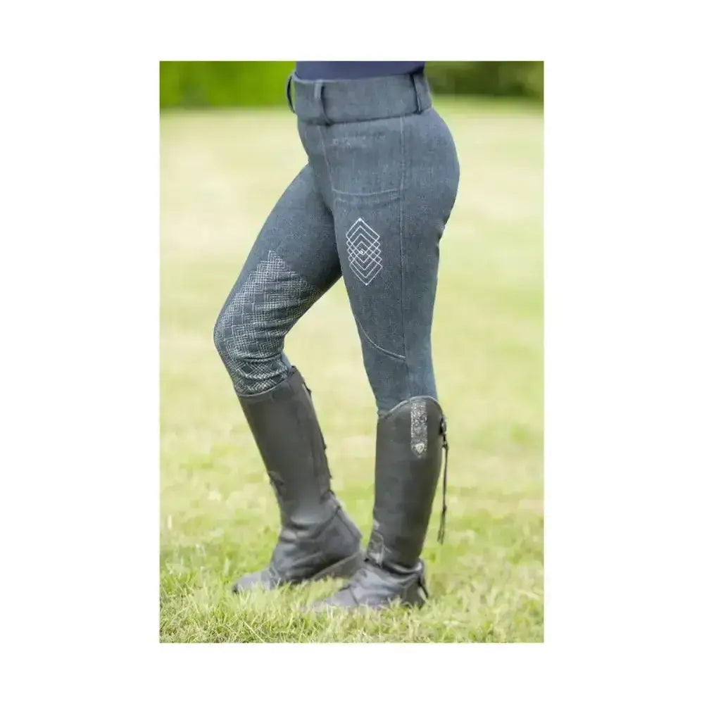 Dark gray equestrian children’s jesmond jewel riding tights with subtle geometric pattern and reinforced knee panels