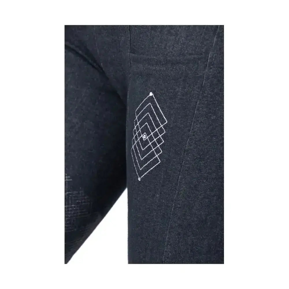 Dark heathered denim Hy equestrian childrens Jesmond jewel denim look tights with subtle white geometric logo on thigh