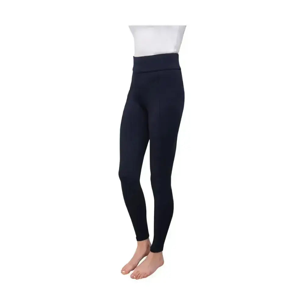 Black high-waisted smooth fabric leggings designed as children’s melton riding tights for equestrian use