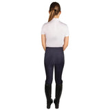 Back view of navy blue Hy Equestrian children’s roka regal riding tights with textured pattern and reinforced stitching