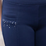 Navy blue stretch fabric children’s roka regal leggings with a sparkling silver rhinestone pocket for riding fun