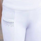 White athletic pants with black and silver rhinestones on side pocket from hy equestrian children’s roka regal riding tights
