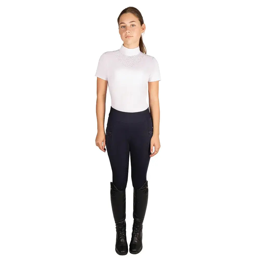 White short-sleeved equestrian top with high neckline and sparkling embellishments for children’s roka regal riding