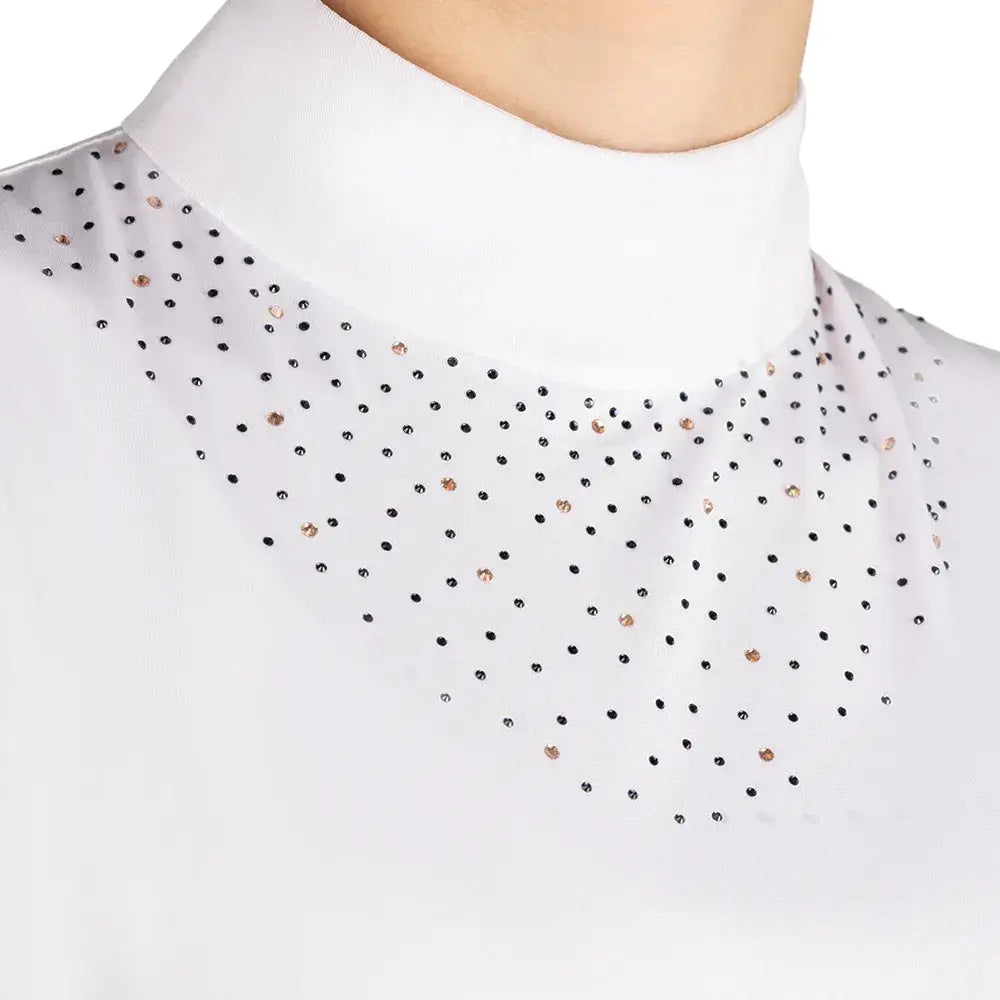White blouse with high collar sheer mesh and black rose gold rhinestones for equestrian children’s roka regal show shirt