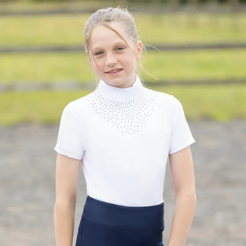 White short-sleeved children’s roka regal equestrian show shirt with high collar and black dot neckline details